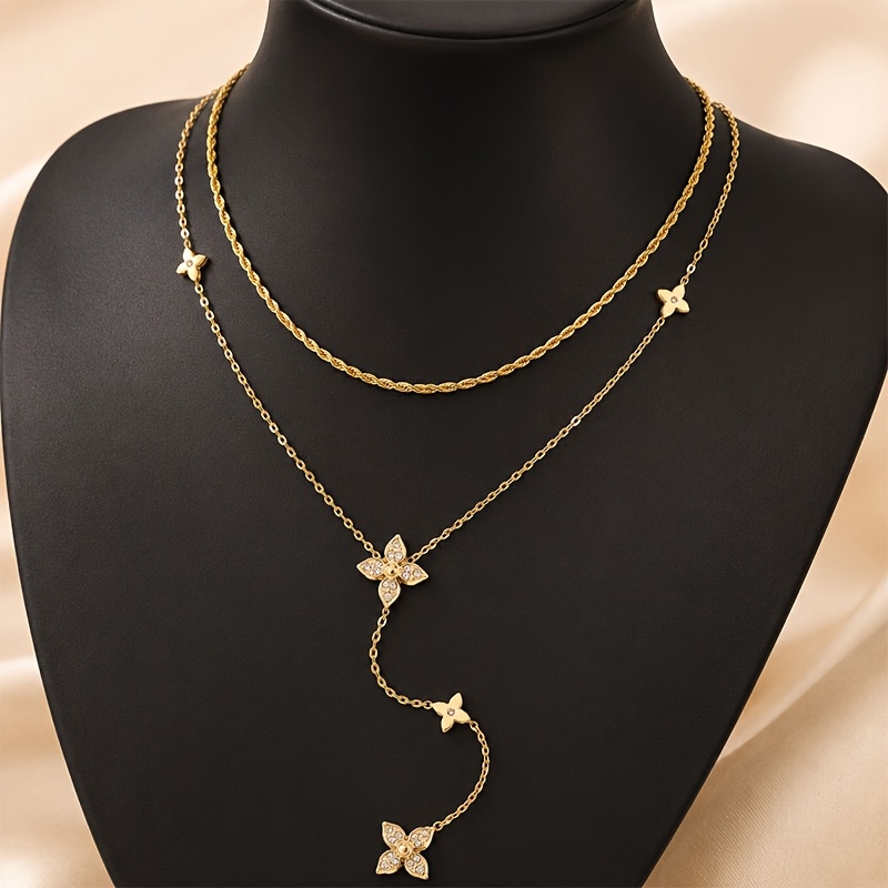 Hollow Rose Inlaid Zirconia Double Layer Stackable Necklace Set